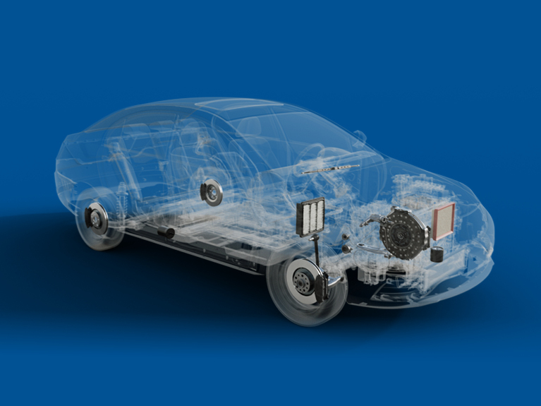 Glassy Asian vehicle silhouette with visible filters, brake and clutch replacement parts inside