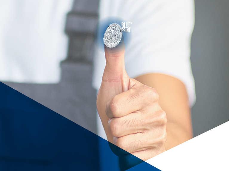 Close-up of thumbprint leading into the Blue Print logo