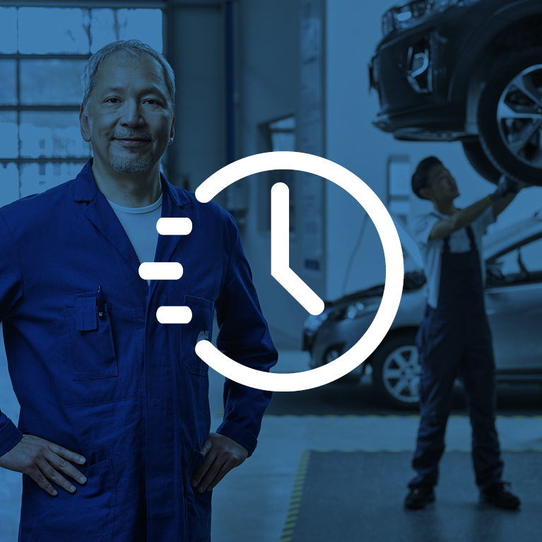 Workshop scene with a clock symbolising speed 